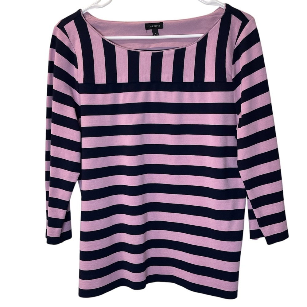 Talbots Striped Boatneck Top Navy Pink lilac size large 3/4 sleeves